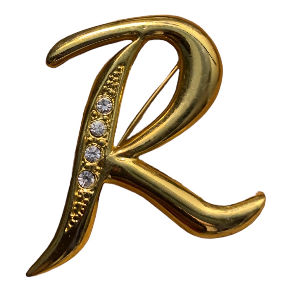 VTG Letter “R” Clear Crystal Gemstone Gold Tone Metal Costume Brooch Lapel Pin